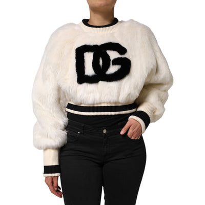 Dolce & Gabbana Bluză de trening scurtă albă DG din blană artificială