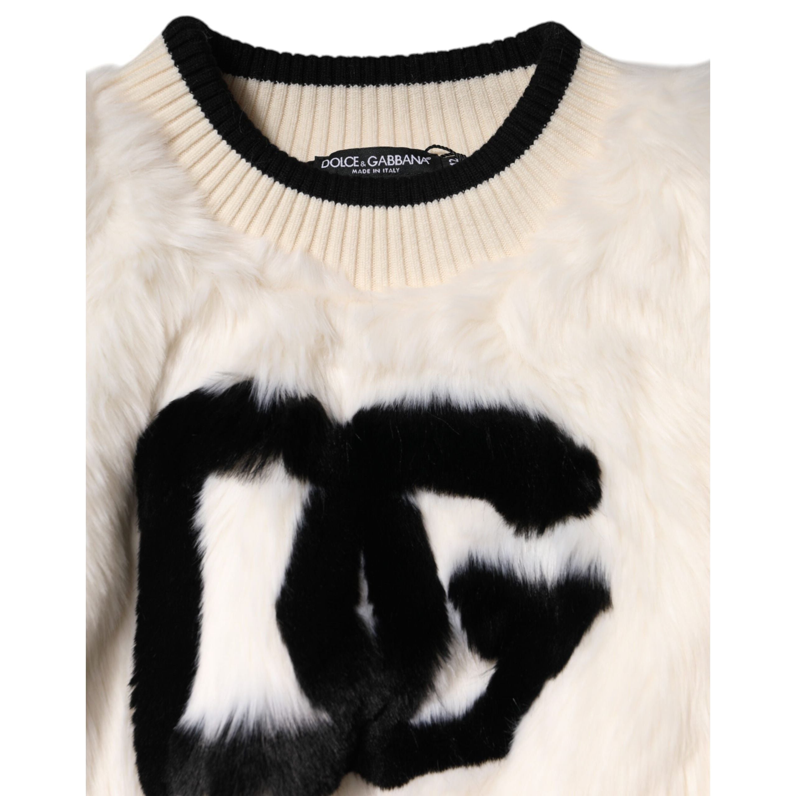 Dolce & Gabbana White Cropped Faux Fur DG Sweatshirt