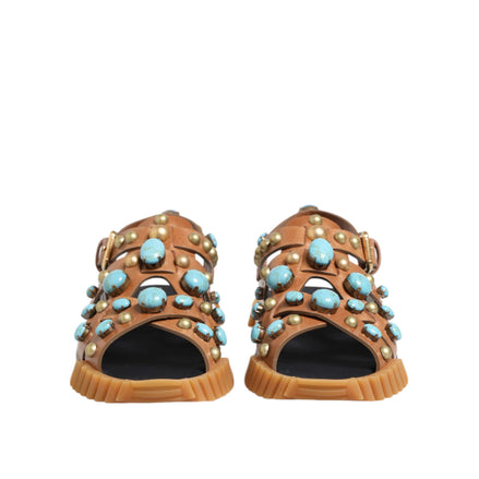 Dolce & Gabbana Brown Leather Studded Slide Sandals