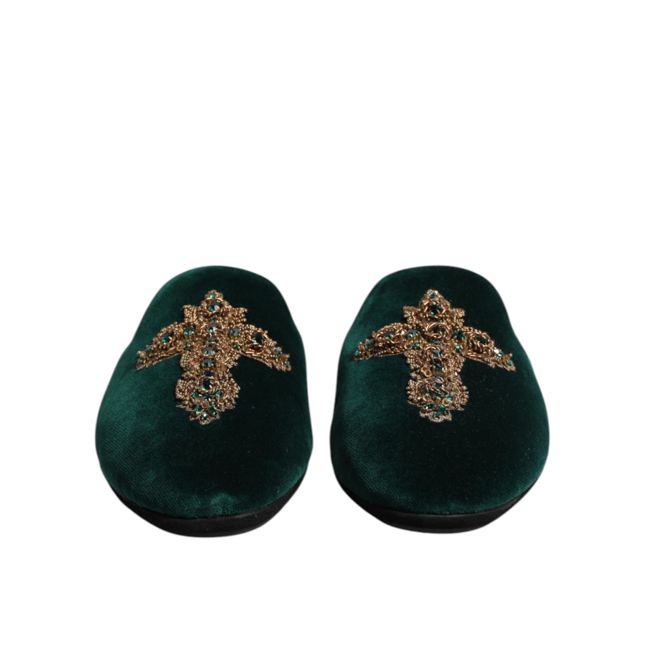 Dolce & Gabbana Green Velvet Cross Embellished Slippers