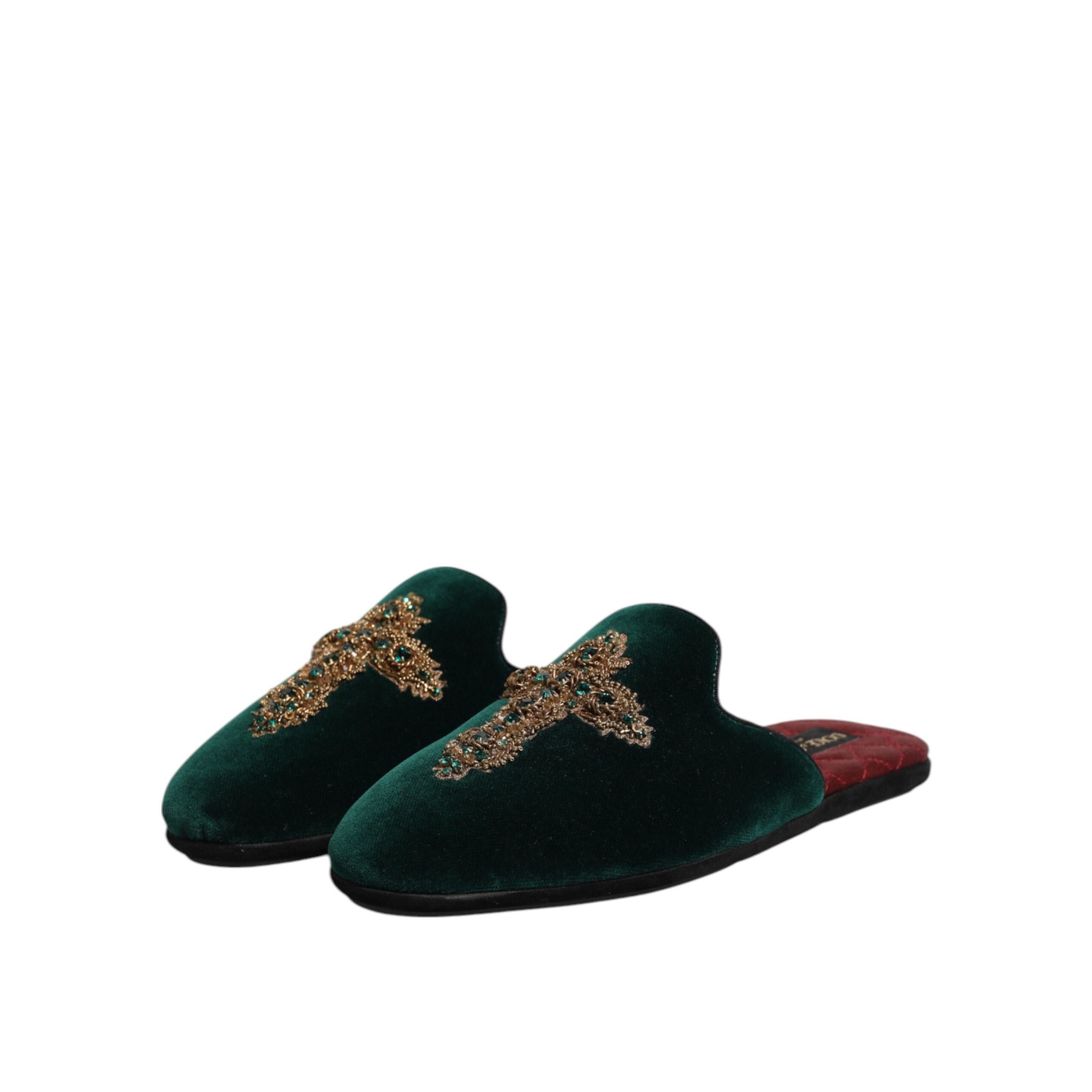 Dolce & Gabbana Green Velvet Cross Embellished Slippers