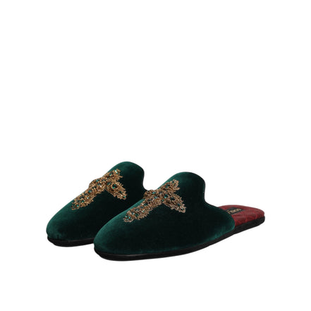 Dolce & Gabbana Green Velvet Cross Embellished Slippers