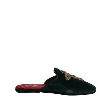 Dolce & Gabbana Green Velvet Cross Embellished Slippers