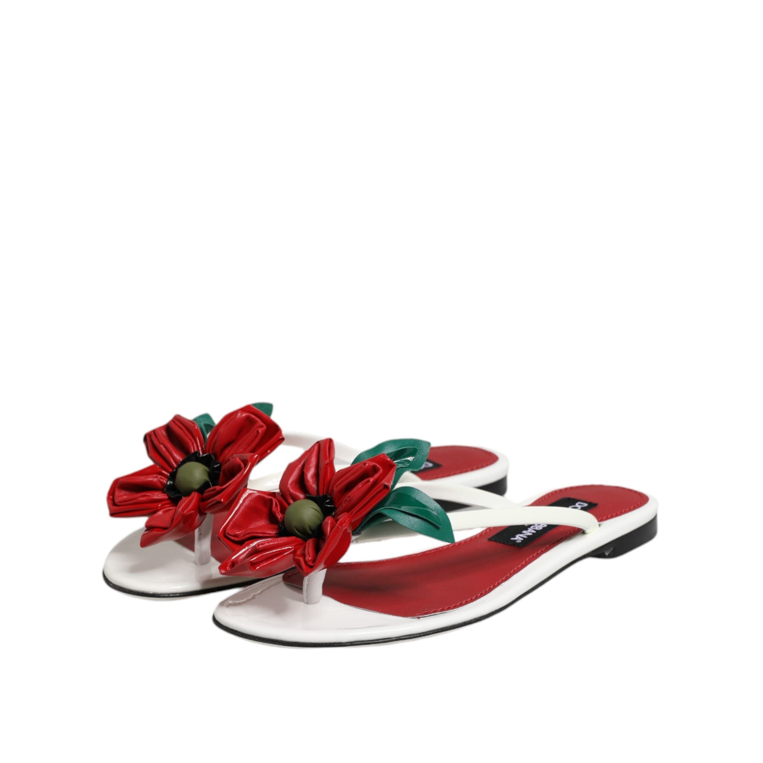 Dolce & Gabbana Red White Keira Flower Leather Sandals