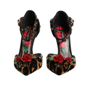 Pantofi Dolce & Gabbana cu toc, maro, cu imprimeu leopard și trandafiri cu cristale