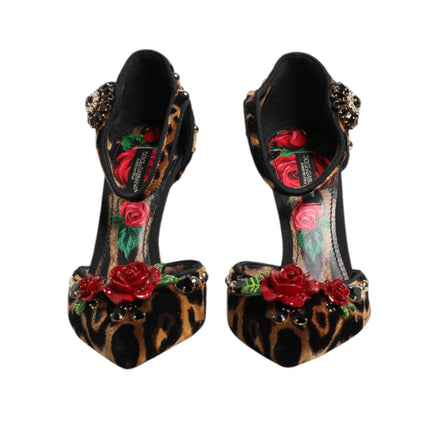Pantofi Dolce & Gabbana cu toc, maro, cu imprimeu leopard și trandafiri cu cristale