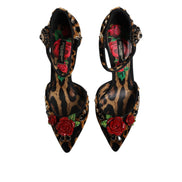 Pantofi Dolce & Gabbana cu toc, maro, cu imprimeu leopard și trandafiri cu cristale