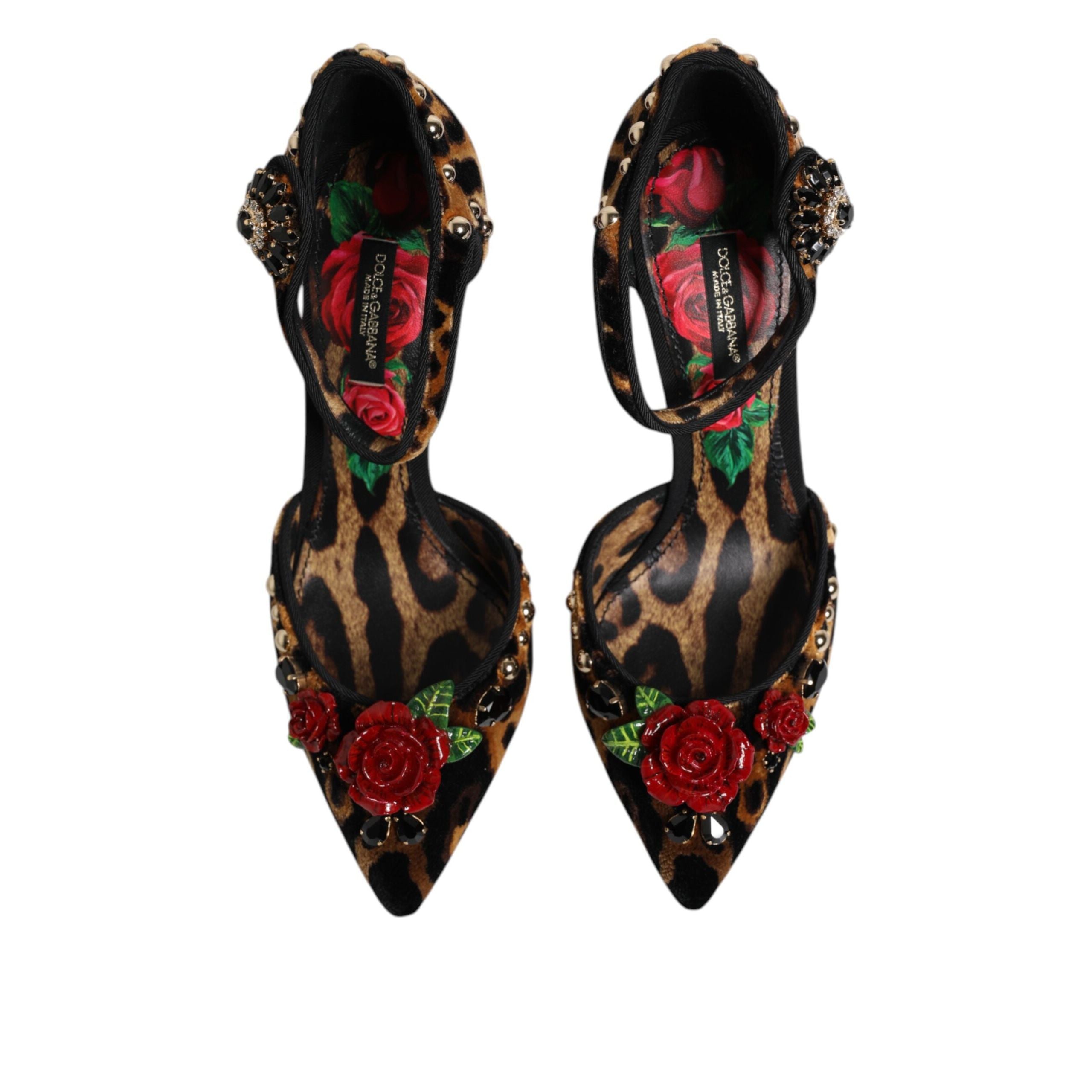 Pantofi Dolce & Gabbana cu toc, maro, cu imprimeu leopard și trandafiri cu cristale