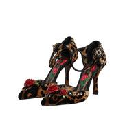 Pantofi Dolce & Gabbana cu toc, maro, cu imprimeu leopard și trandafiri cu cristale