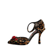 Pantofi Dolce & Gabbana cu toc, maro, cu imprimeu leopard și trandafiri cu cristale