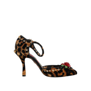 Pantofi Dolce & Gabbana cu toc, maro, cu imprimeu leopard și trandafiri cu cristale