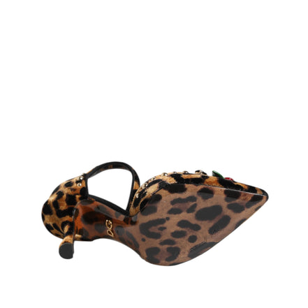 Pantofi Dolce & Gabbana cu toc, maro, cu imprimeu leopard și trandafiri cu cristale