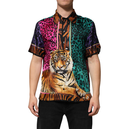 Tricou hawaian din mătase multicoloră cu imprimeu tigru Dolce & Gabbana