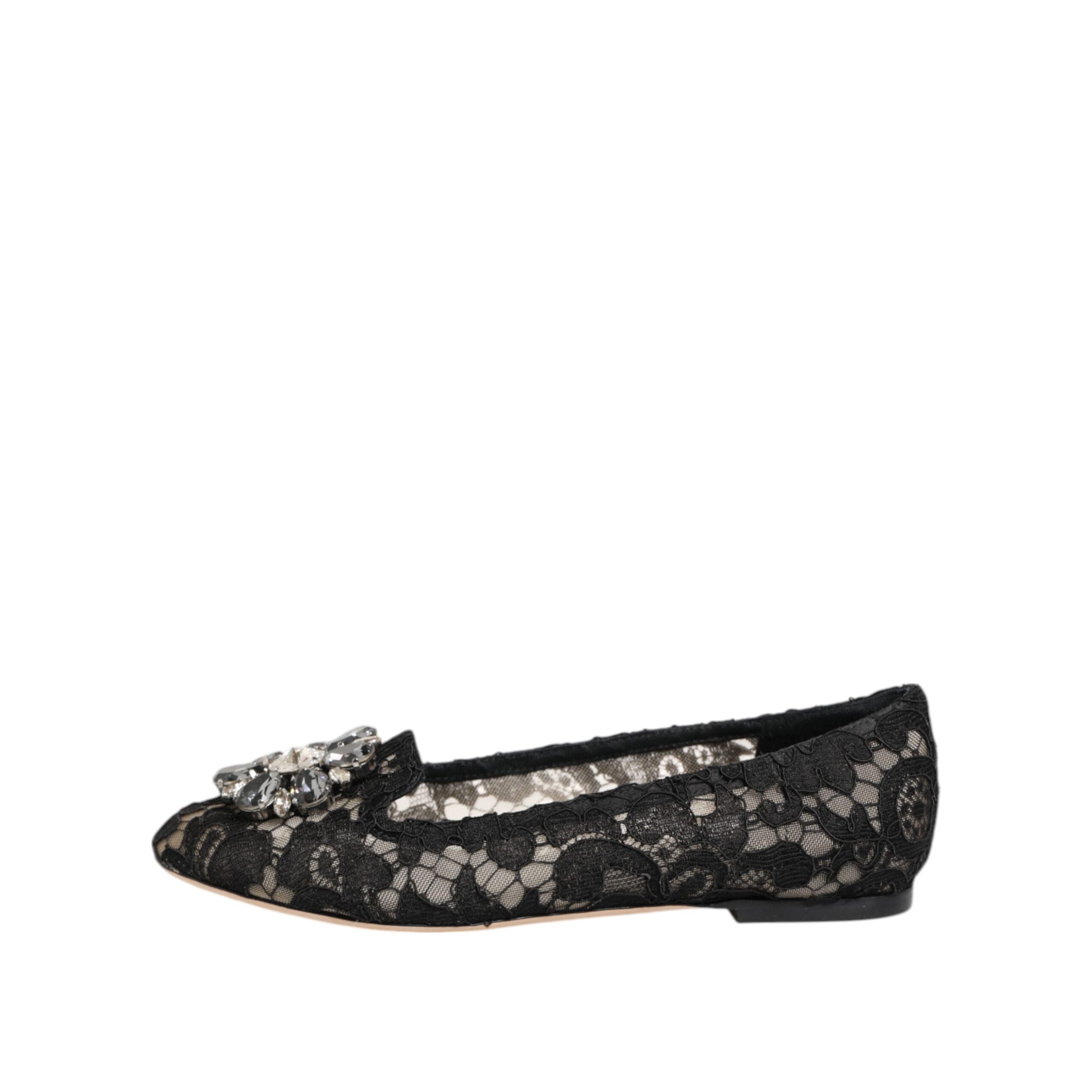 Mocasini Dolce & Gabbana negri din dantelă Taormina cu cristale
