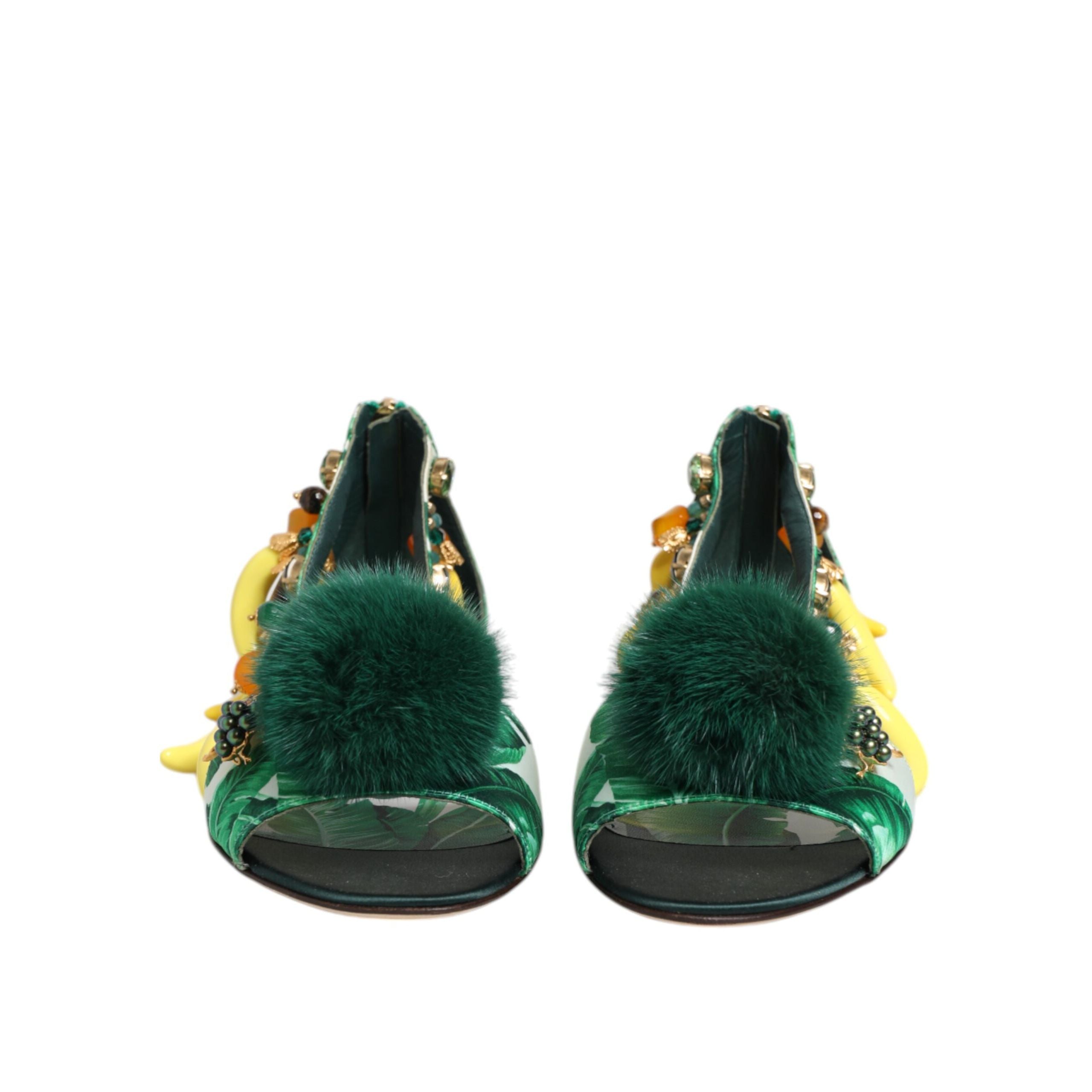 Dolce & Gabbana Green Mink Fur Banana Leaf Sandals