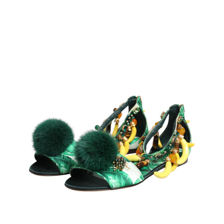 Dolce & Gabbana Green Mink Fur Banana Leaf Sandals
