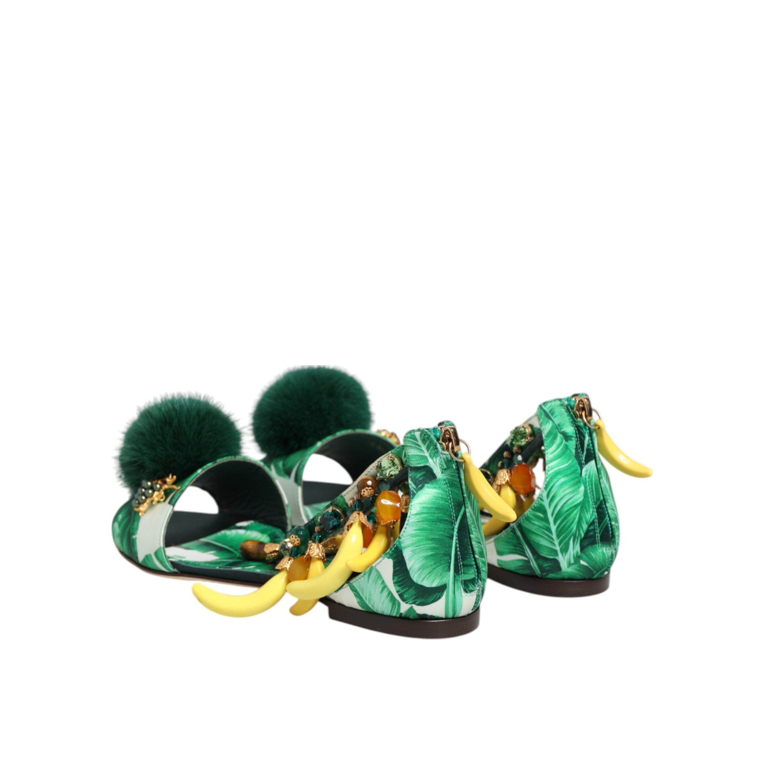 Dolce & Gabbana Green Mink Fur Banana Leaf Sandals