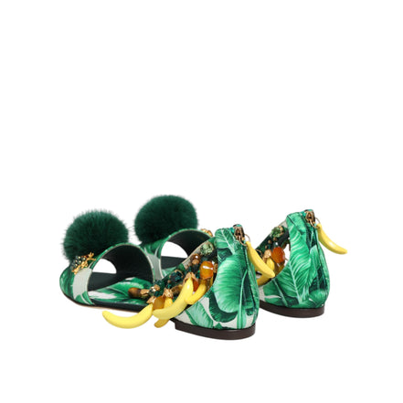 Dolce & Gabbana Green Mink Fur Banana Leaf Sandals