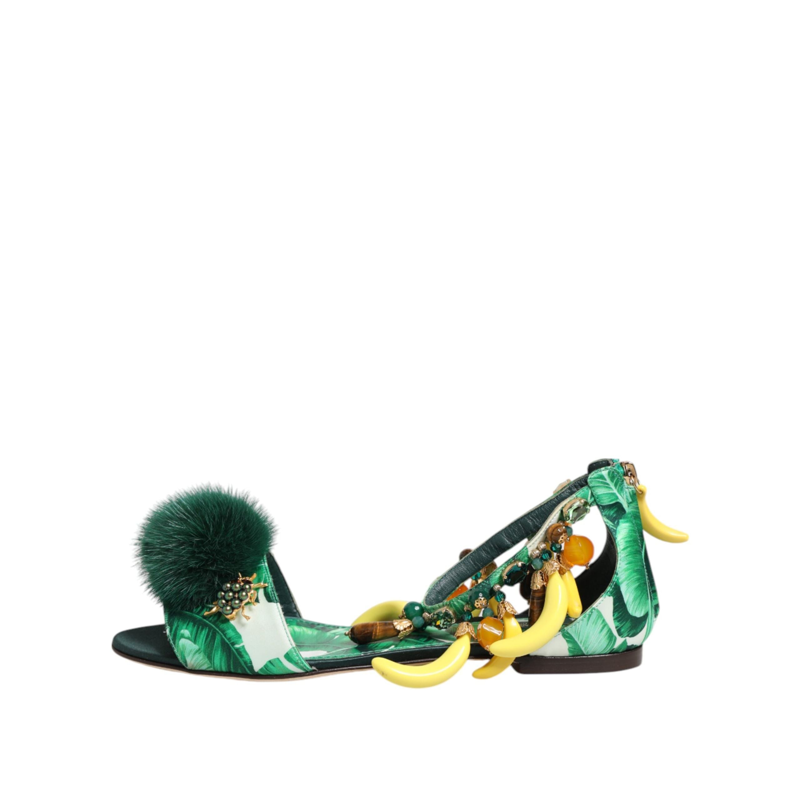 Dolce & Gabbana Green Mink Fur Banana Leaf Sandals