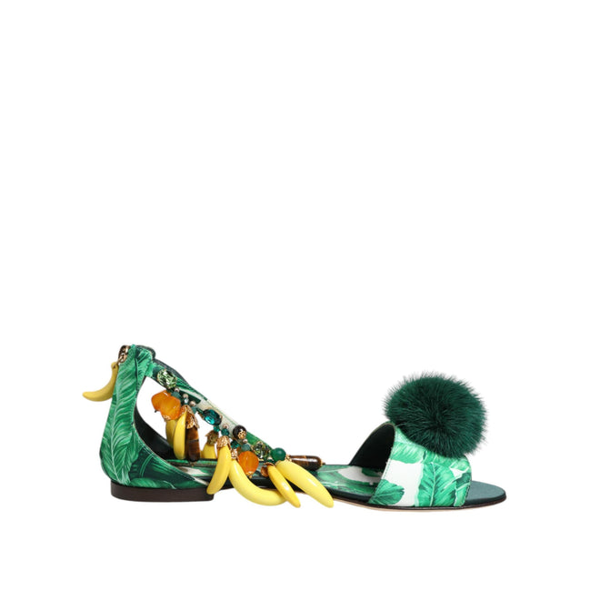 Dolce & Gabbana Green Mink Fur Banana Leaf Sandals