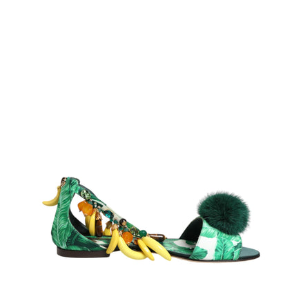 Dolce & Gabbana Green Mink Fur Banana Leaf Sandals