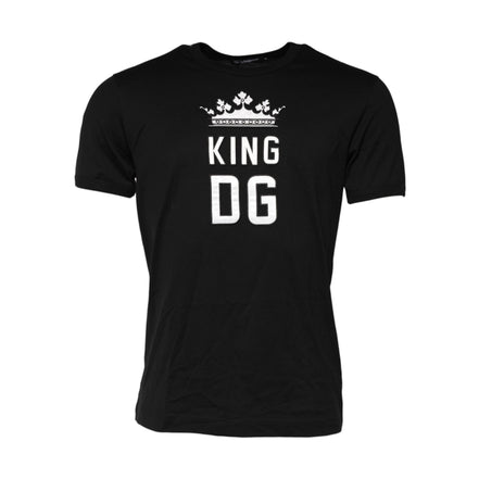 Tricou Dolce & Gabbana negru, din bumbac, cu guler rotund, imprimeu coroana DG King