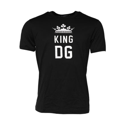 Tricou Dolce & Gabbana negru, din bumbac, cu guler rotund, imprimeu coroana DG King