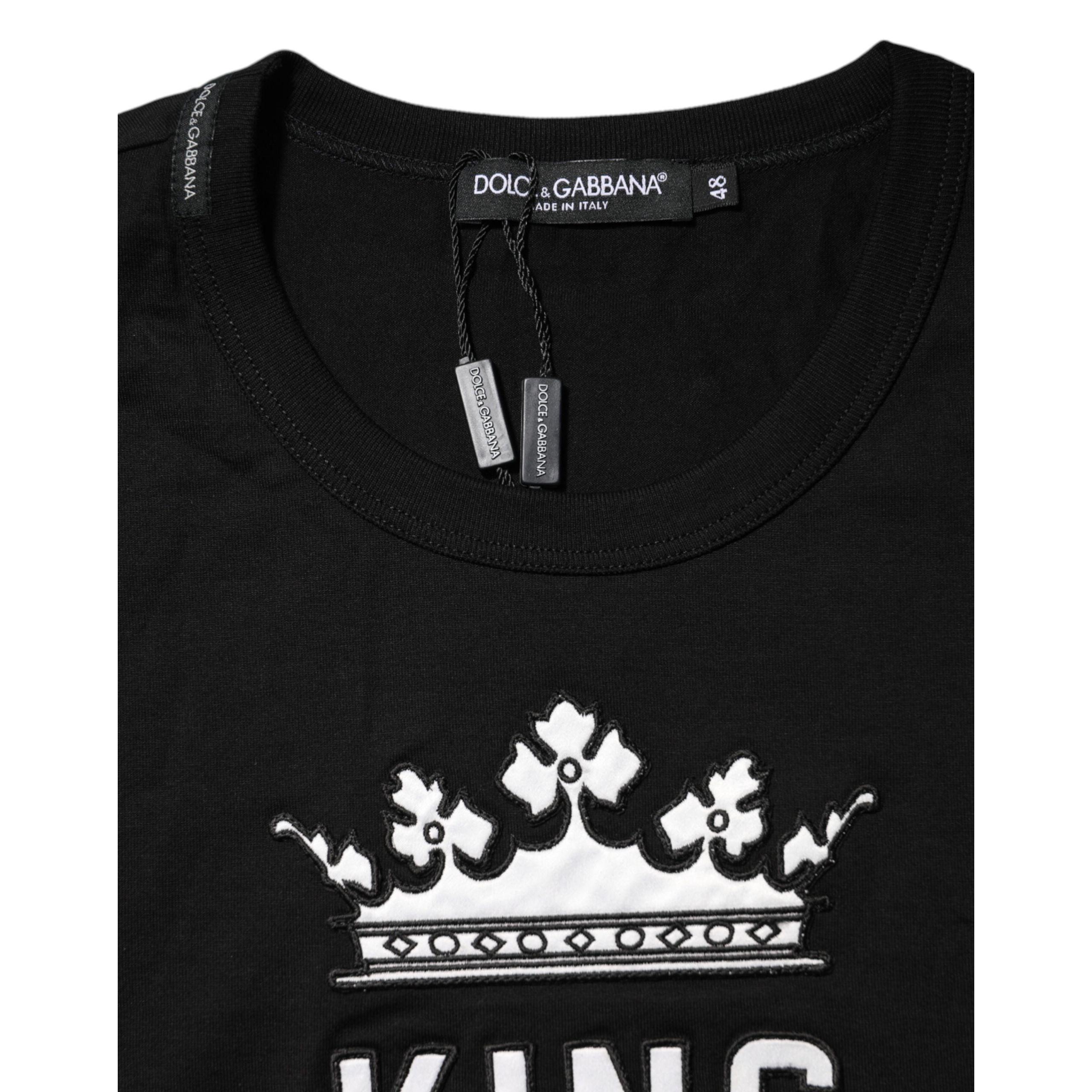 Tricou Dolce & Gabbana negru, din bumbac, cu guler rotund, imprimeu coroana DG King