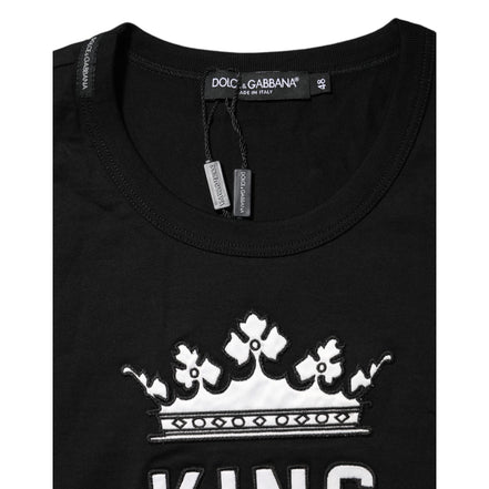 Tricou Dolce & Gabbana negru, din bumbac, cu guler rotund, imprimeu coroana DG King
