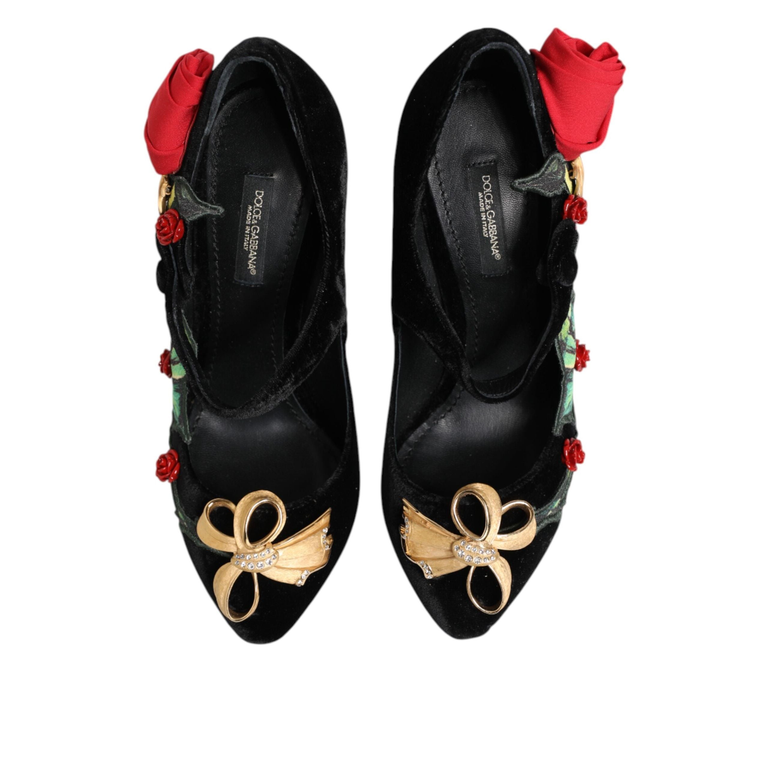 Dolce & Gabbana Black Roses Crystal Brooch Mary Janes