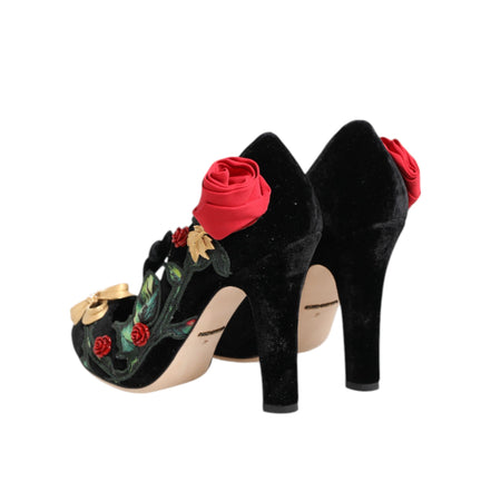 Dolce & Gabbana Black Roses Crystal Brooch Mary Janes