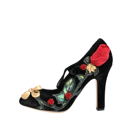 Dolce & Gabbana Black Roses Crystal Brooch Mary Janes