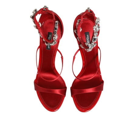 Sandale cu toc Dolce & Gabbana Keira din satin roșu și cristale