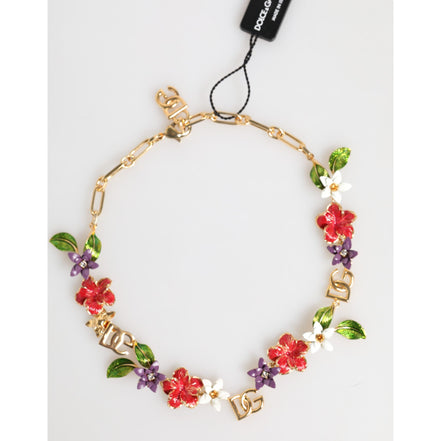 Colier Dolce & Gabbana cu logo auriu din alamă și detalii florale, bijuterii fashion