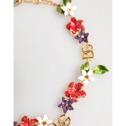 Colier Dolce & Gabbana cu logo auriu din alamă și detalii florale, bijuterii fashion