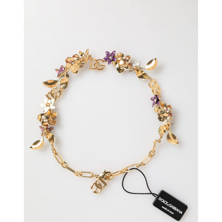 Colier Dolce & Gabbana cu logo auriu din alamă și detalii florale, bijuterii fashion
