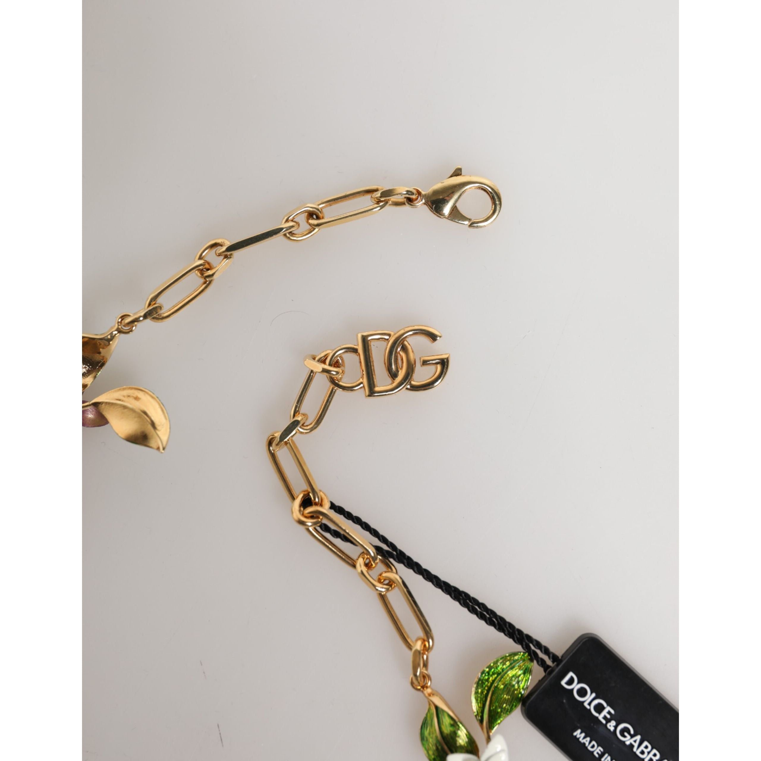 Colier Dolce & Gabbana cu logo auriu din alamă și detalii florale, bijuterii fashion