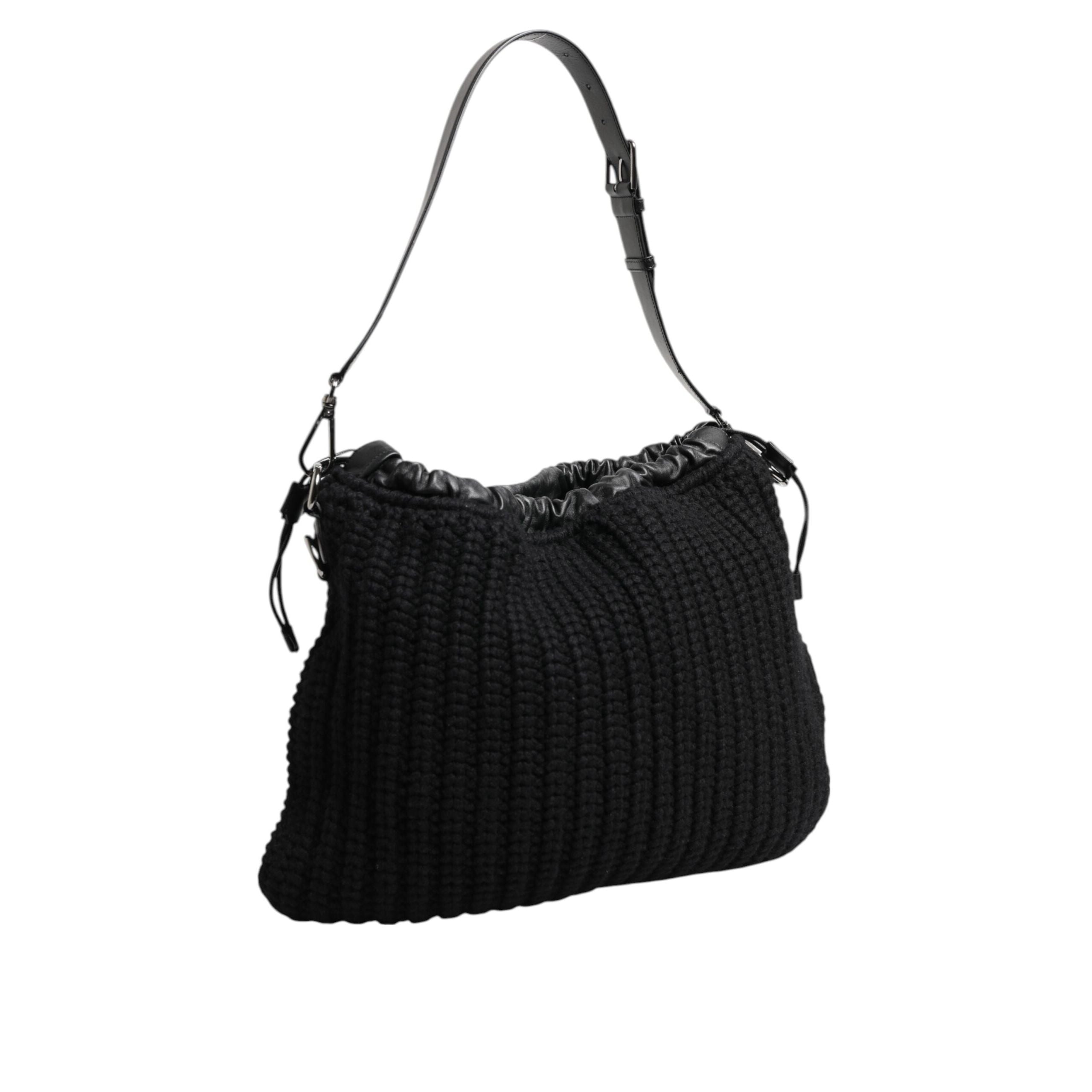 Dolce & Gabbana Geantă de umăr neagră din piele și cașmir tricotat