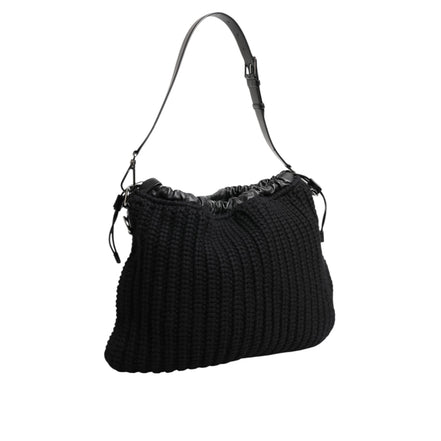 Dolce & Gabbana Geantă de umăr neagră din piele și cașmir tricotat