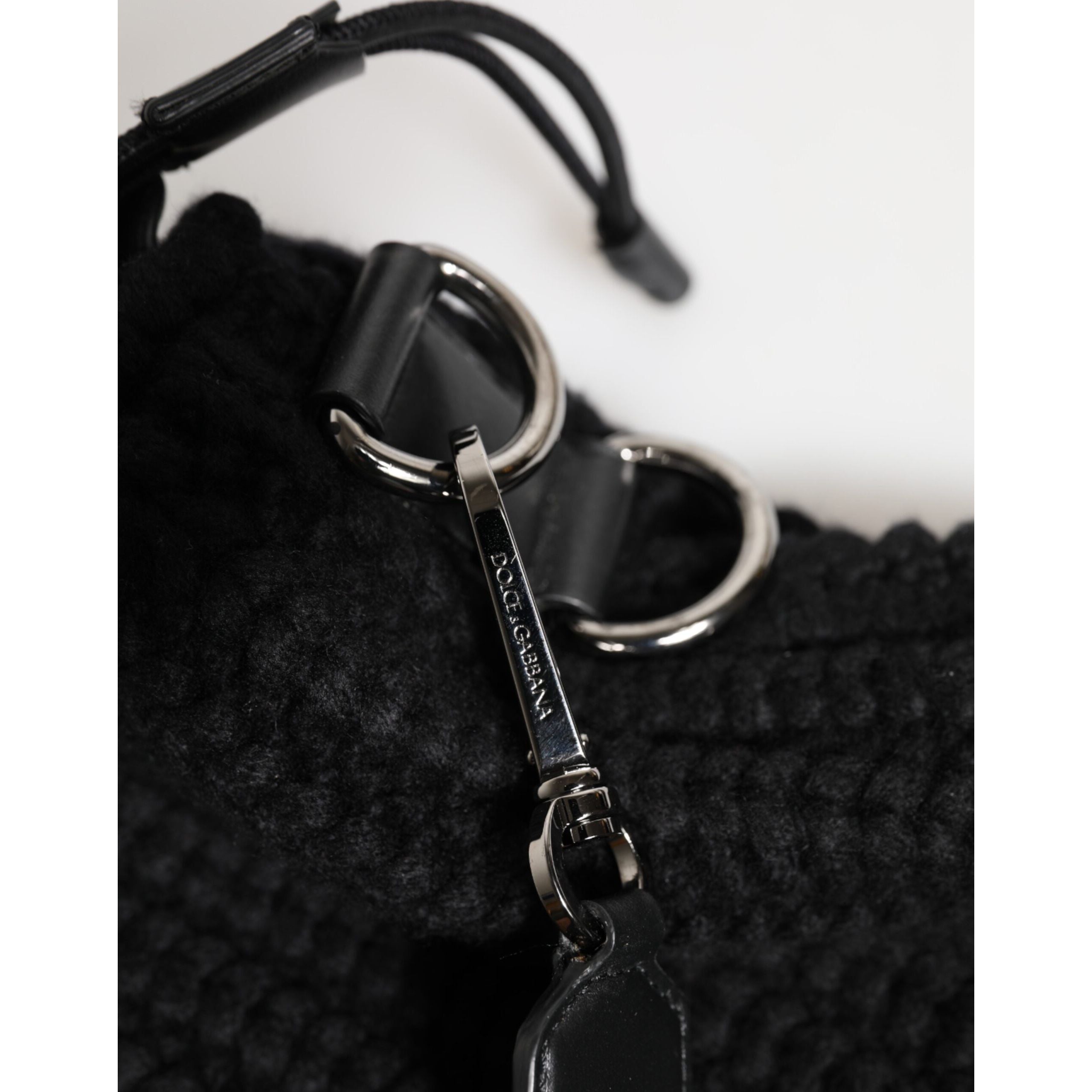 Dolce & Gabbana Geantă de umăr neagră din piele și cașmir tricotat