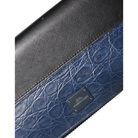Portofel Dolce & Gabbana tip clutch continental din piele exotică, negru cu albastru