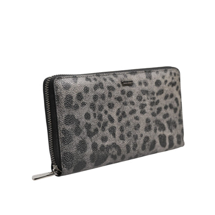 Dolce & Gabbana Black Grey Leopard Leather Zip Around Continental Wallet