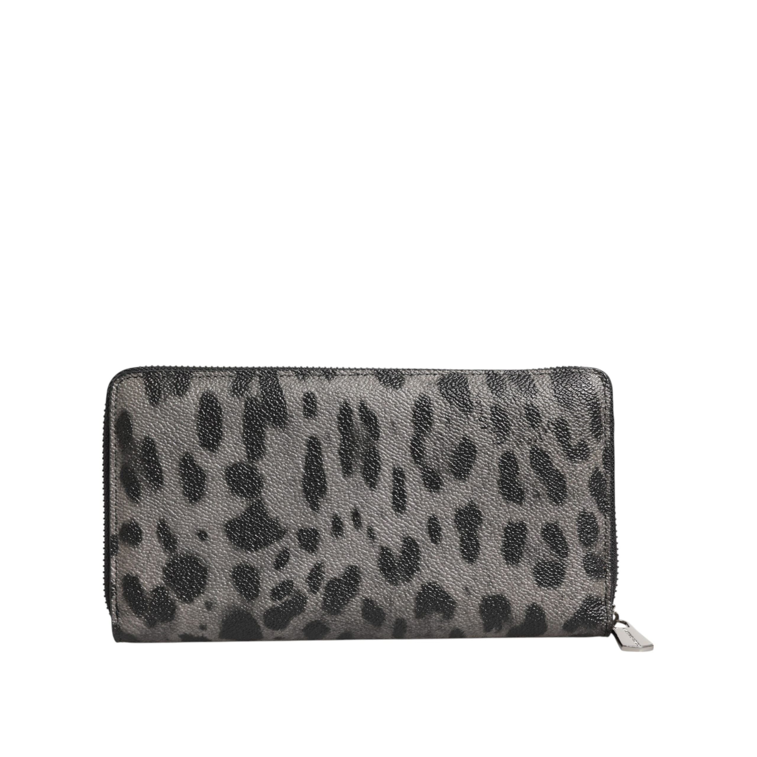 Dolce & Gabbana Black Grey Leopard Leather Zip Around Continental Wallet