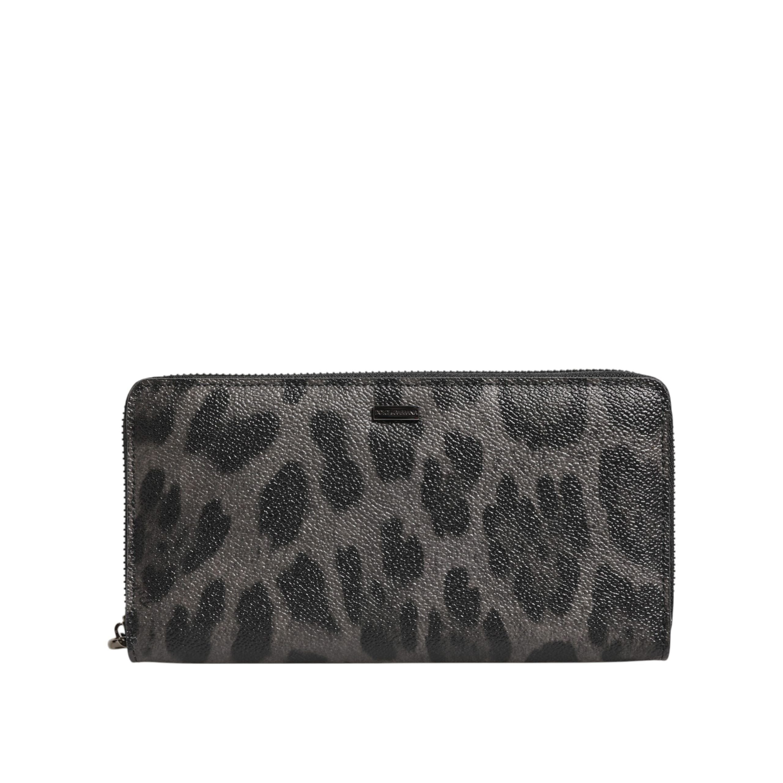 Dolce & Gabbana Black Grey Leopard Leather Zip Around Continental Wallet