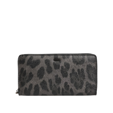 Dolce & Gabbana Black Grey Leopard Leather Zip Around Continental Wallet