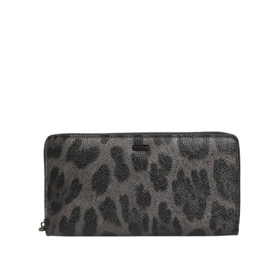 Dolce & Gabbana Black Grey Leopard Leather Zip Around Continental Wallet