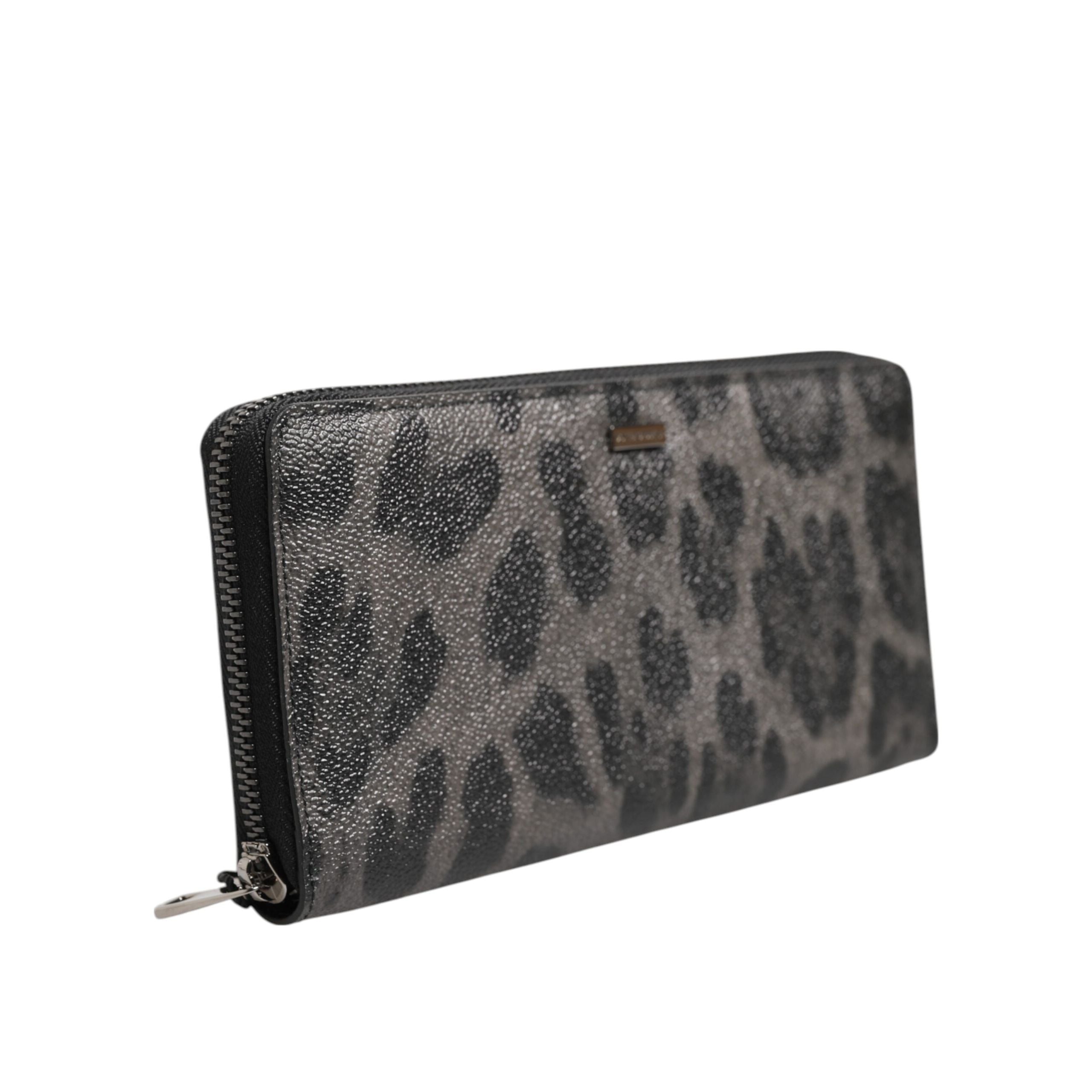 Dolce & Gabbana Black Grey Leopard Leather Zip Around Continental Wallet