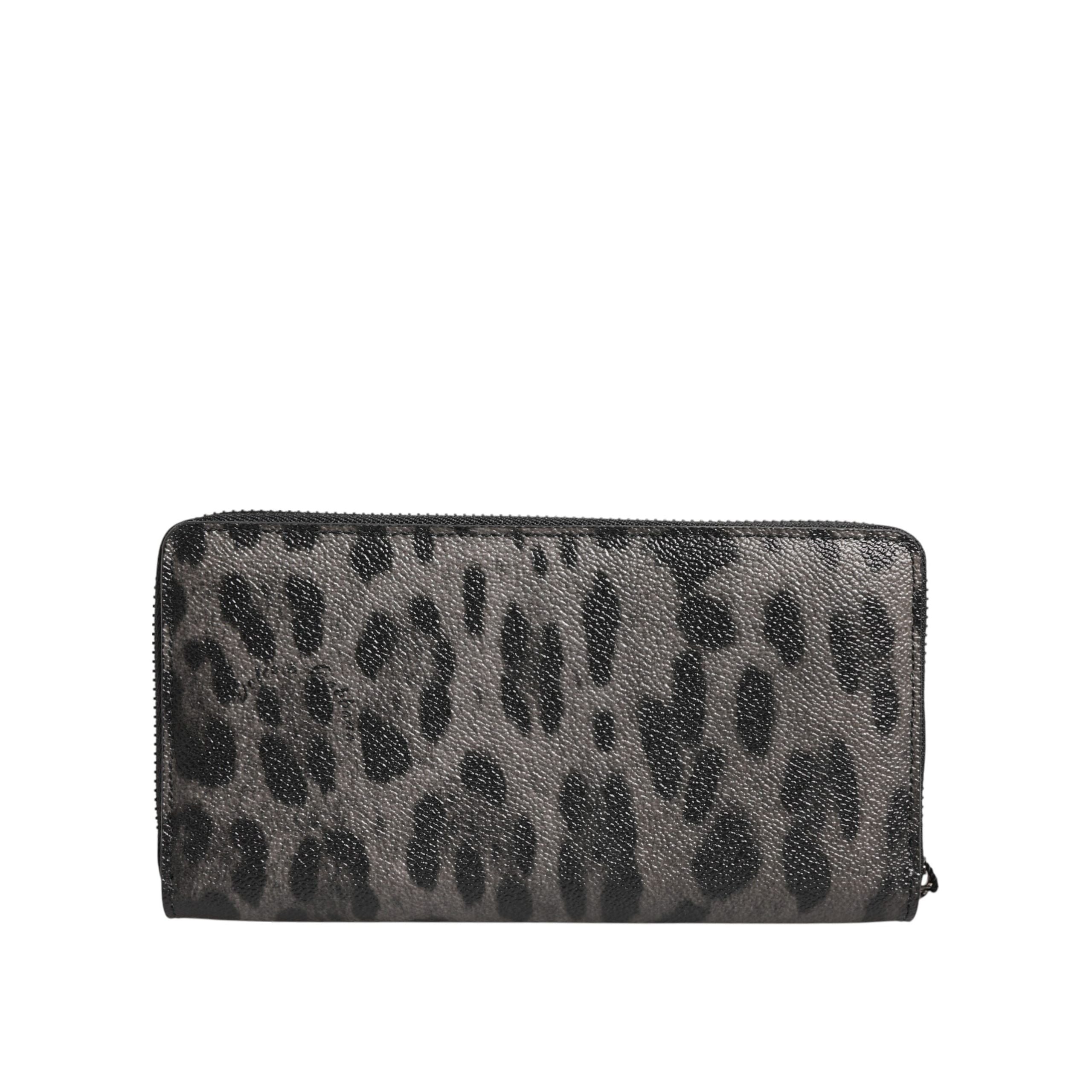 Dolce & Gabbana Black Grey Leopard Leather Zip Around Continental Wallet