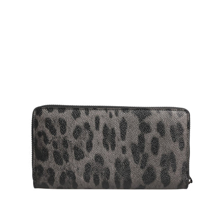 Dolce & Gabbana Black Grey Leopard Leather Zip Around Continental Wallet