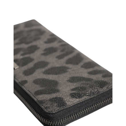 Dolce & Gabbana Black Grey Leopard Leather Zip Around Continental Wallet